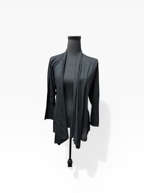 Natori Black Open Front Cardigan Satin Back Panel Lightweight Chic Layer